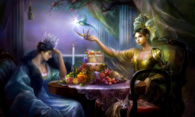 Two Women at a Table — Purple, Dramatic, Night, Digital Art