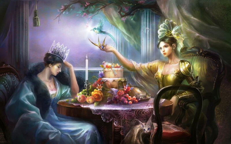 Two Women at a Table — Purple, Dramatic, Night