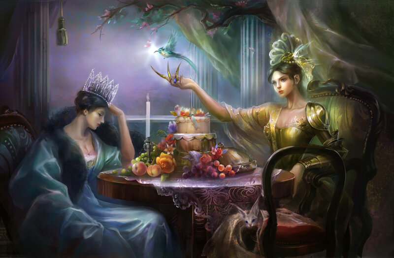 Two Women at a Table — Purple
