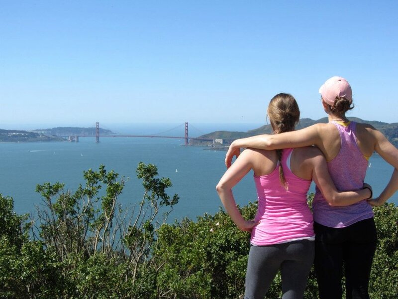 Two women at Golden Gate Bridge viewpoint