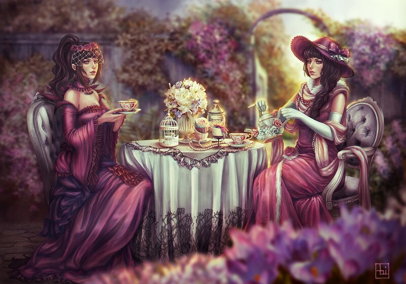 Two Women at Tea Party — Purple