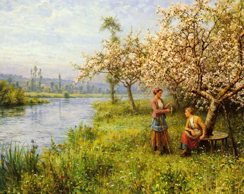 Two Women by River — Green, Serene, Spring