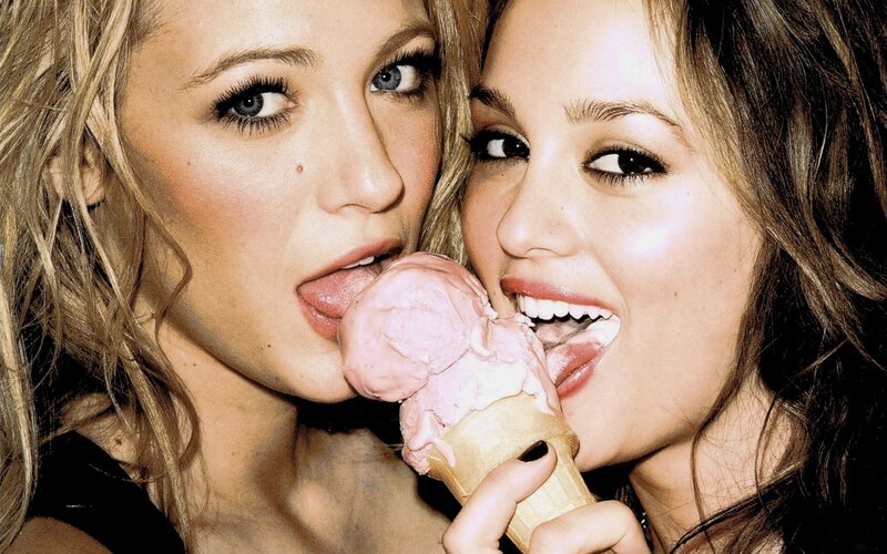 Two Women Eating Ice Cream — Pink, Playful, Photograph