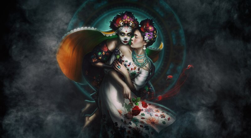 Two Women Embracing — Black, Dramatic, Digital Art