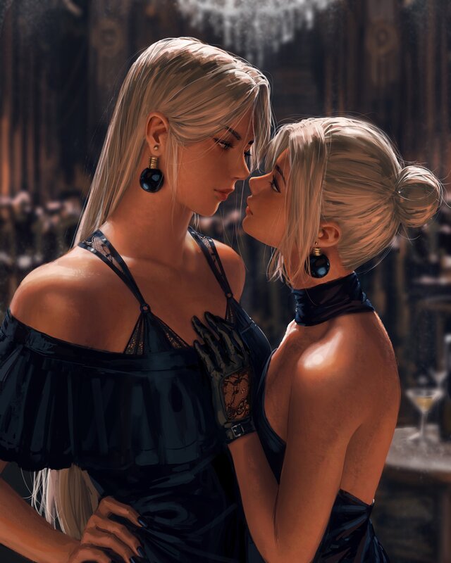 Two Women Embracing — Black, Intimate, Night