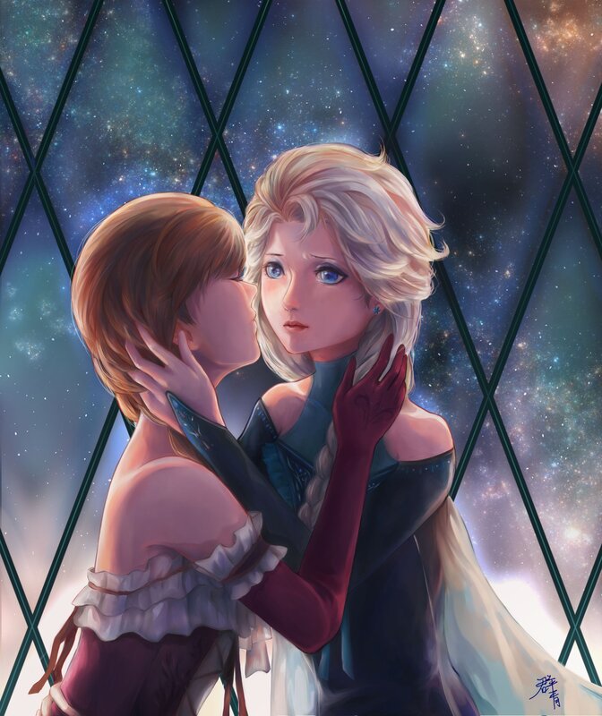 Two Women Embracing — Blue, Romantic