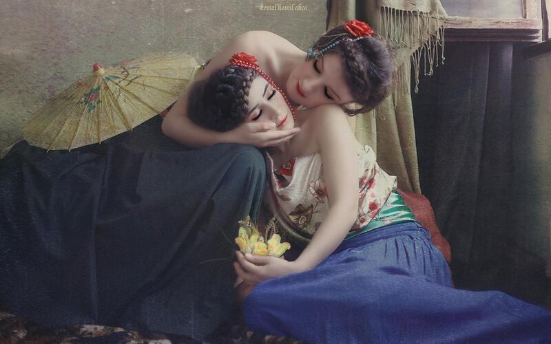Two Women Embracing — Blue, Serene, Painting