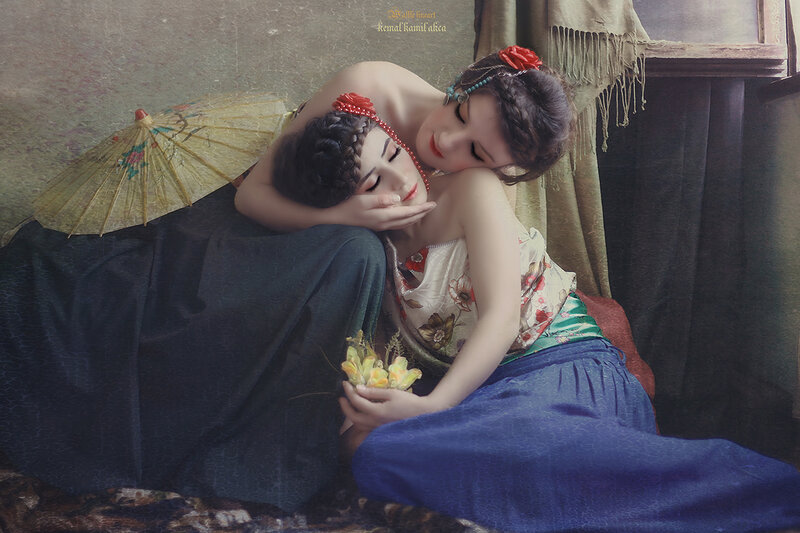 Two Women Embracing — Blue, Serene, Photograph