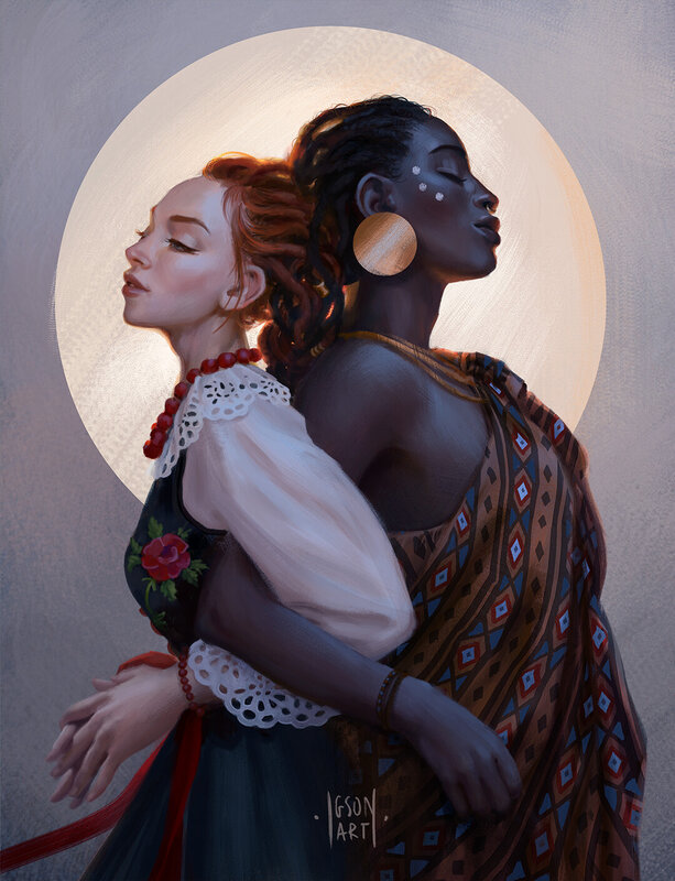 Two Women Embracing — Brown, Serene