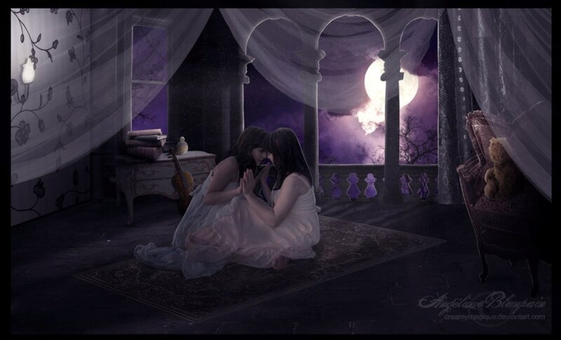 Two Women Embracing — Purple, Dramatic