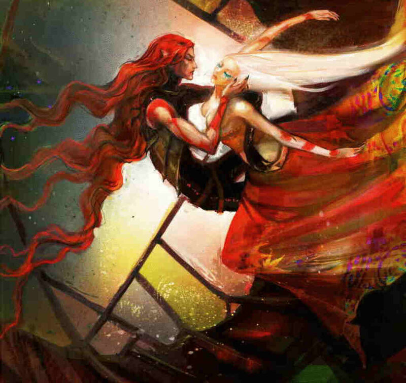 Two Women Embracing — Red, Dramatic, Digital Art, Long Hair