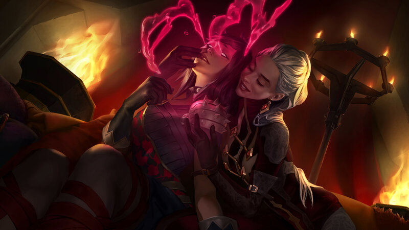 Two Women Embracing — Red, Dramatic, Night, Digital Art