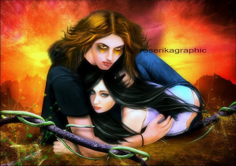 Two Women Embracing — Red, Dramatic, Sunset
