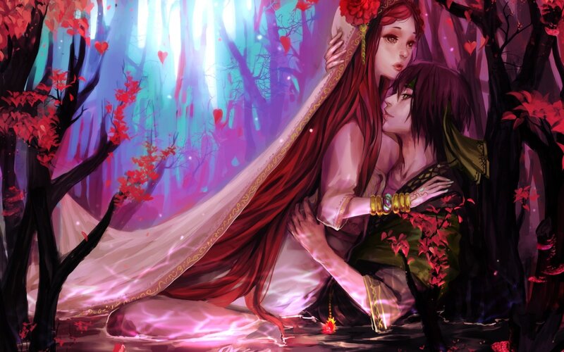 Two Women Embracing — Red, Romantic, Night