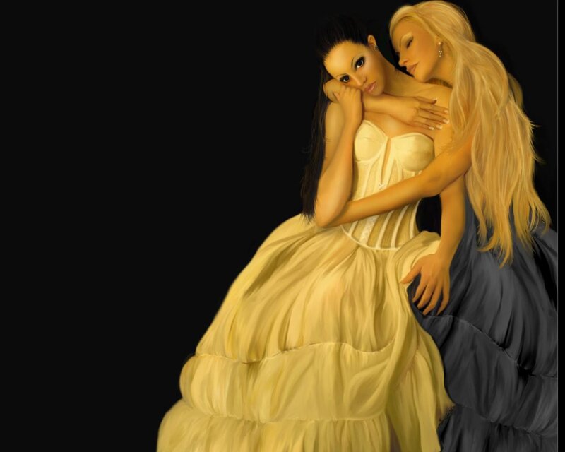 Two Women Embracing — Yellow, Dramatic