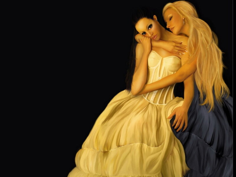 Two Women Embracing — Yellow