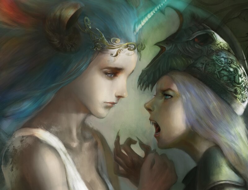 Two Women Facing Each Other — Blue, Dramatic, Digital Art