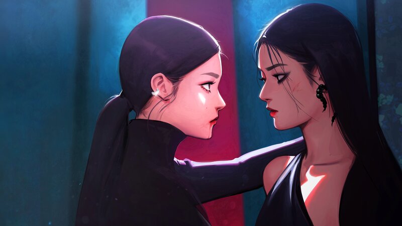 Two Women Facing Each Other — Blue, Dramatic, Night, Digital Art