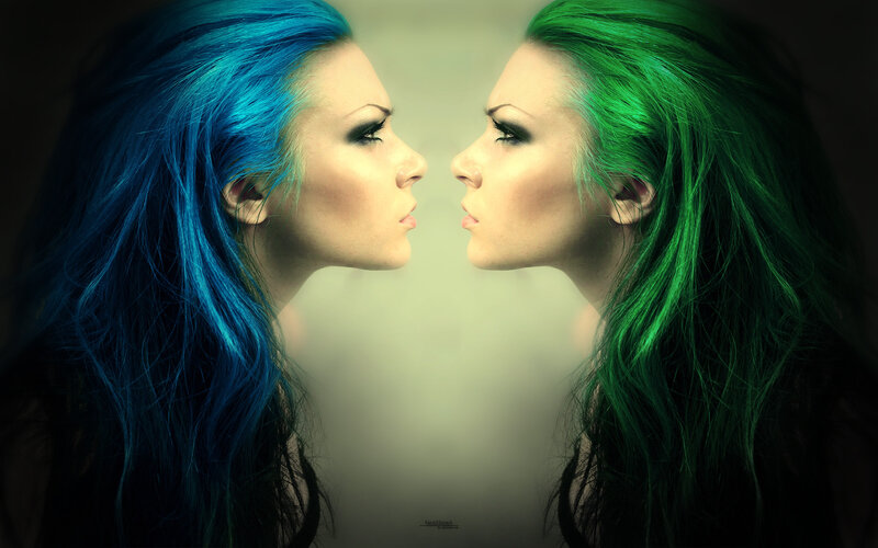 Two Women Facing Each Other — Blue, Dramatic, Photograph