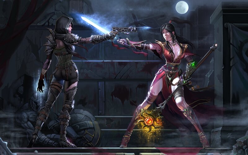 Two Women Fighting — Black, Dramatic, Night, Digital Art, Swords