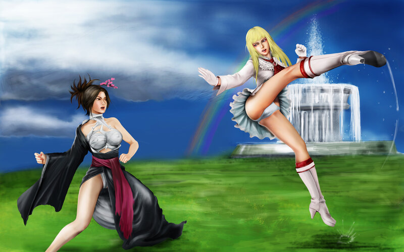Two women fighting in a field