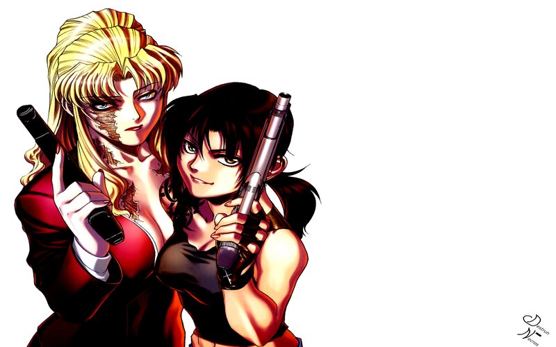 Two Women Holding Guns — Red, Dramatic