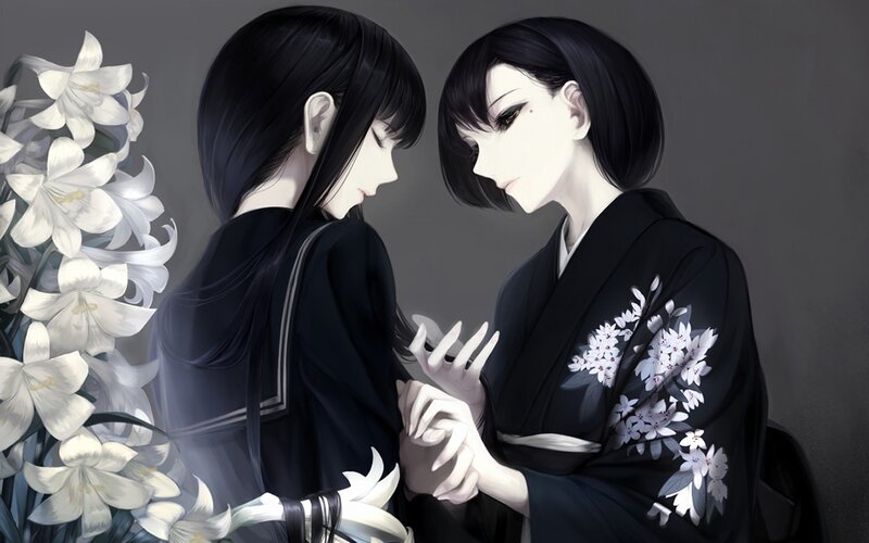 Two Women Holding Hands — Black, Serene, Digital Art