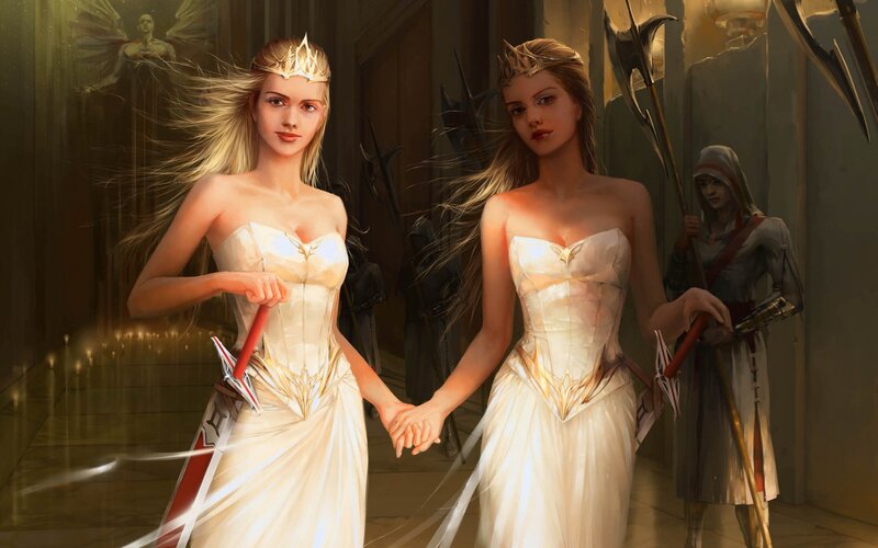 Two Women Holding Hands — White, Dramatic, Digital Art