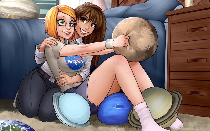 Two Women Hugging — Blue, Playful