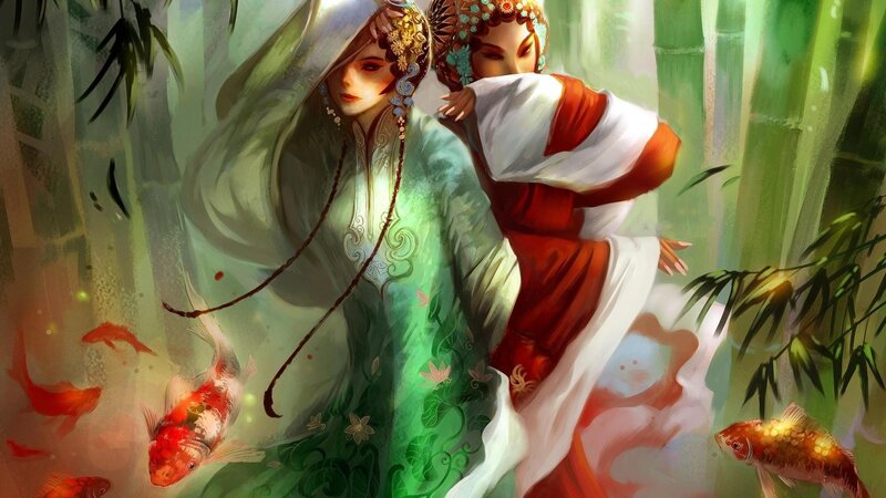 Two women in a bamboo forest