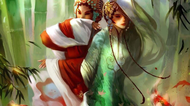 Two women in a bamboo forest
