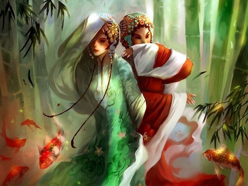Two women in a bamboo forest