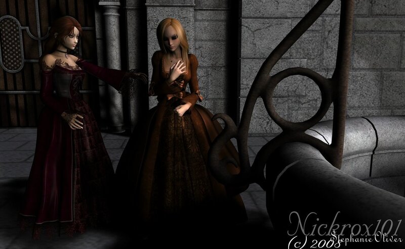 Two women in a castle corridor