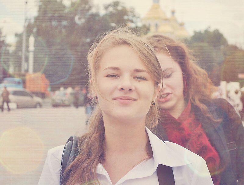 Two women in a city