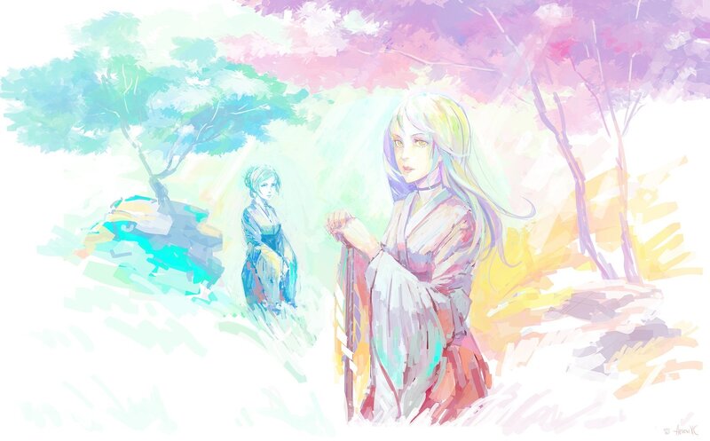 Two women in a dreamy landscape