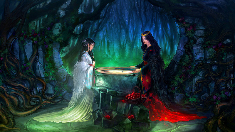 Two Women in a Forest — Green, Mysterious
