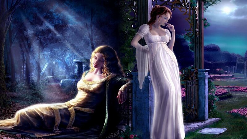Two Women in a Garden — Blue, Serene, Night, Digital Art