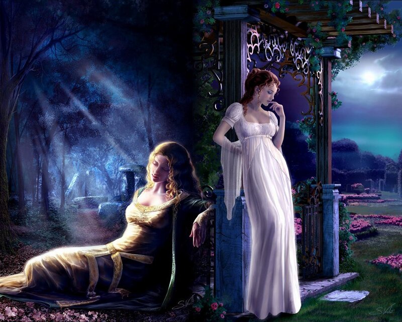 Two women in a moonlit garden