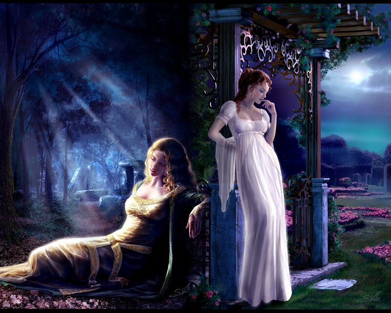 Two women in a moonlit garden