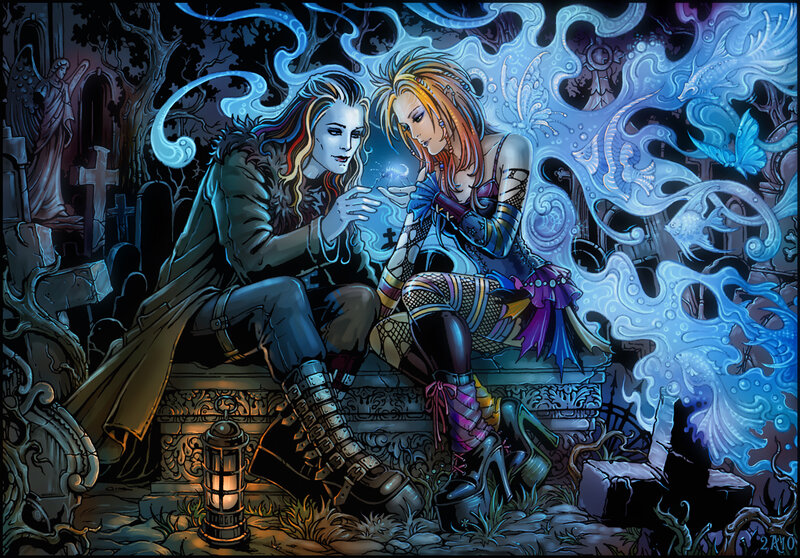 Two women in a mystical graveyard