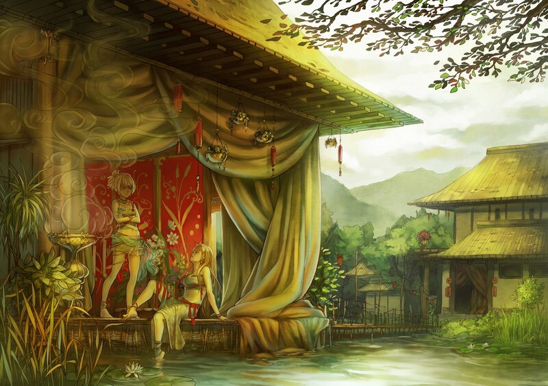 Two women in a serene garden
