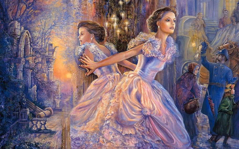 Two Women in Ball Gowns — Purple, Dramatic, Night, Painting