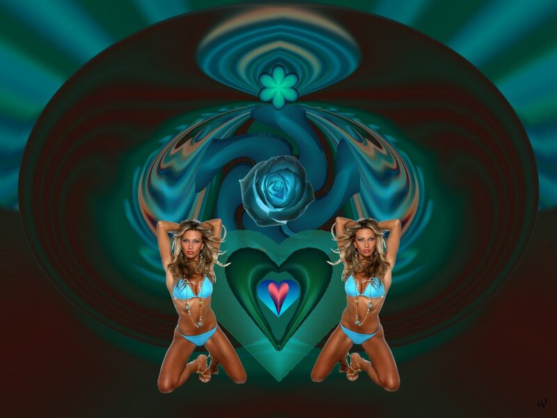 Two Women in Bikinis — Blue, Dreamy, Digital Art, Heart