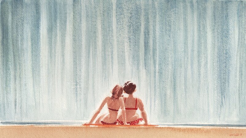 Two Women in Bikinis — Blue, Serene, Afternoon, Painting