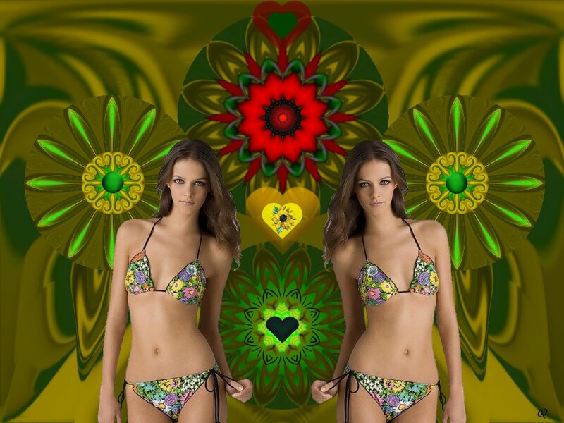 Two Women in Bikinis — Green, Vibrant