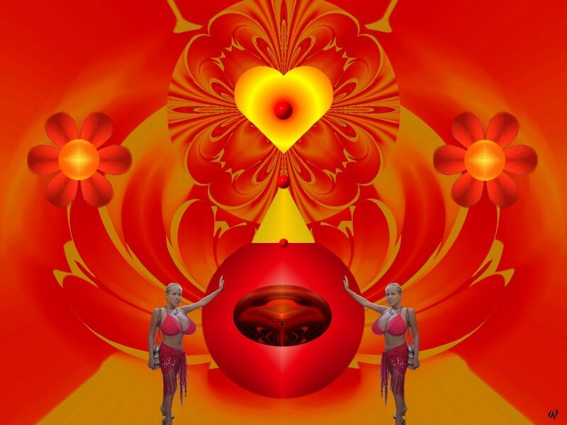 Two Women in Bikinis — Red, Vibrant, Digital Art, Heart