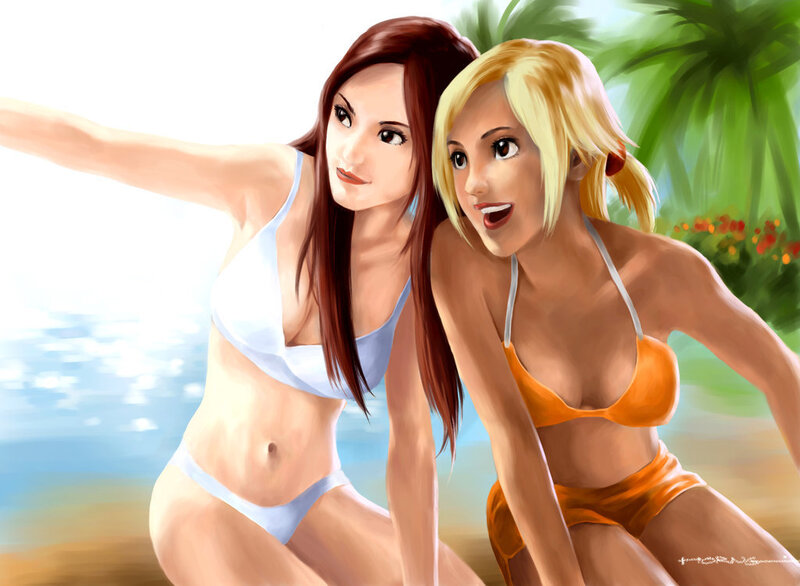 Two Women in Bikinis — White, Relaxed, Afternoon, Digital Art