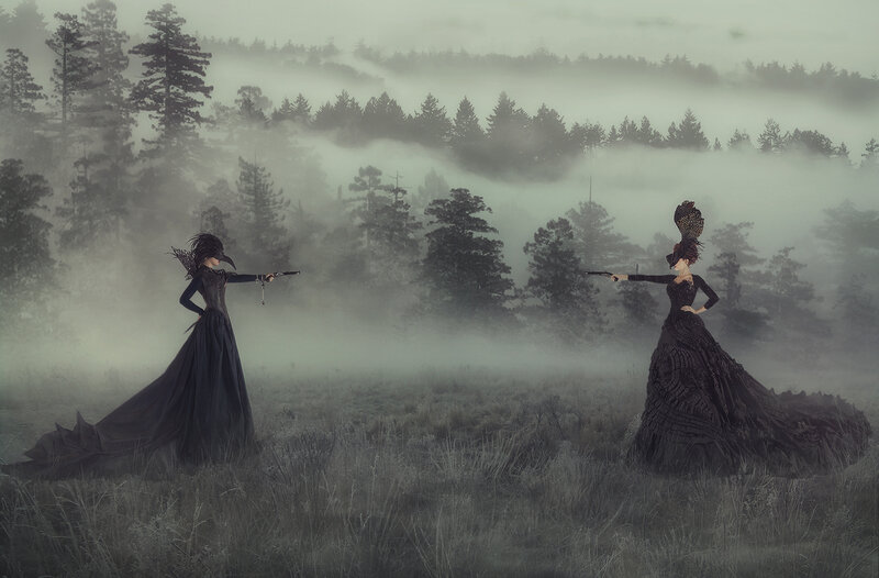 Two Women in Black Dresses — Dramatic, Morning