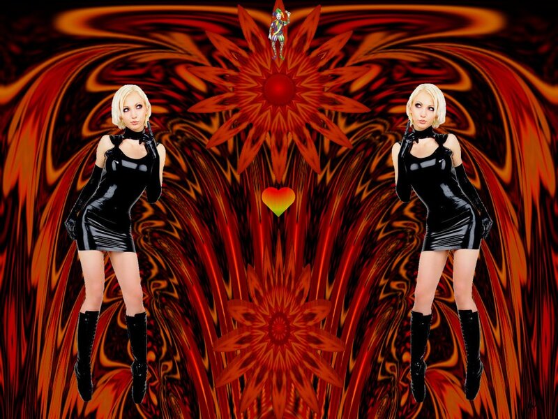 Two Women in Black Outfits — Red, Dramatic, Digital Art, Flower