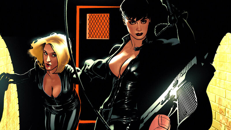 Two Women in Black Suits — Dramatic, Night, Comic